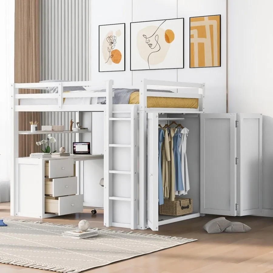 Full Size Espresso Loft Bed with Drawers and Desk
