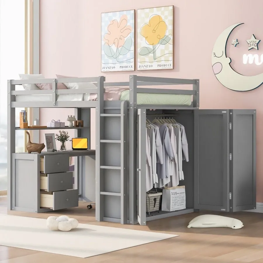 Full Size Espresso Loft Bed with Drawers and Desk