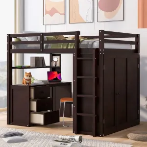 Full Size Espresso Loft Bed with Drawers and Desk