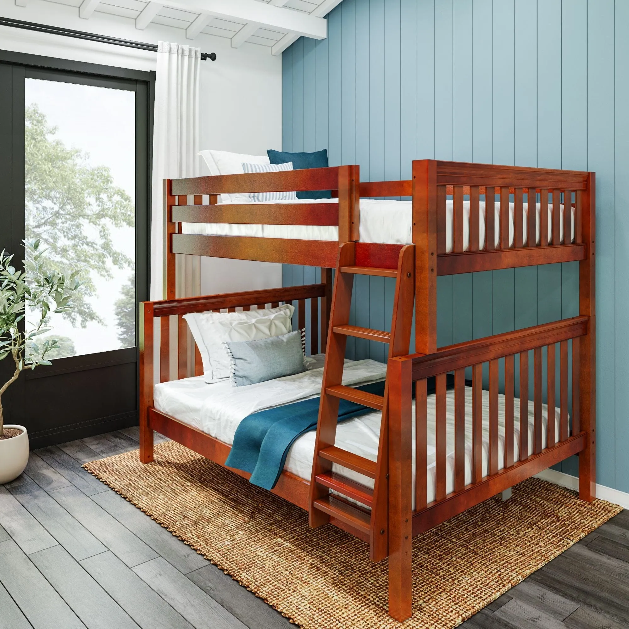 Full XL over Queen High Bunk Bed with Angled Ladder
