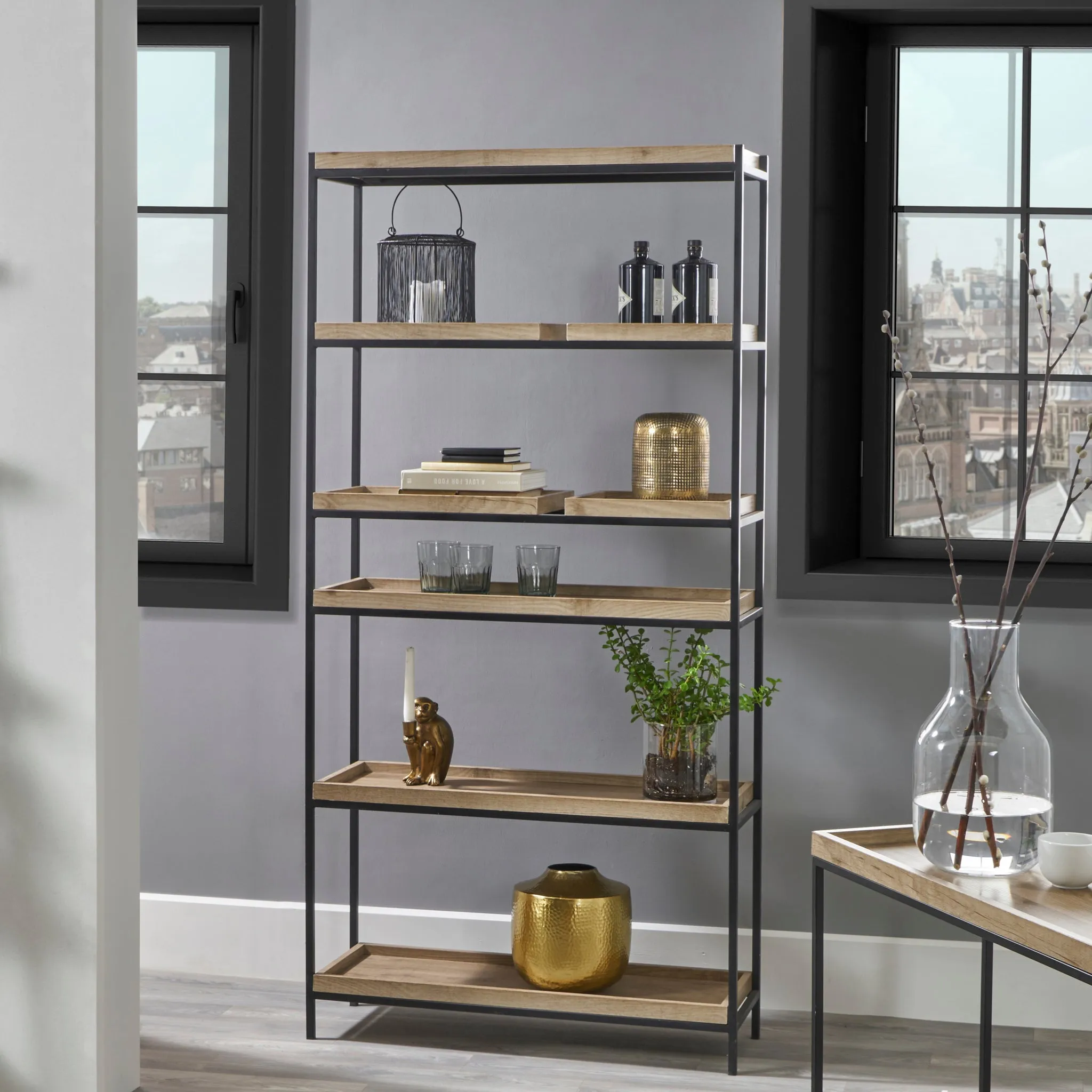Gallery Natural Wood Veneer and Black Metal 5 Shelf Unit