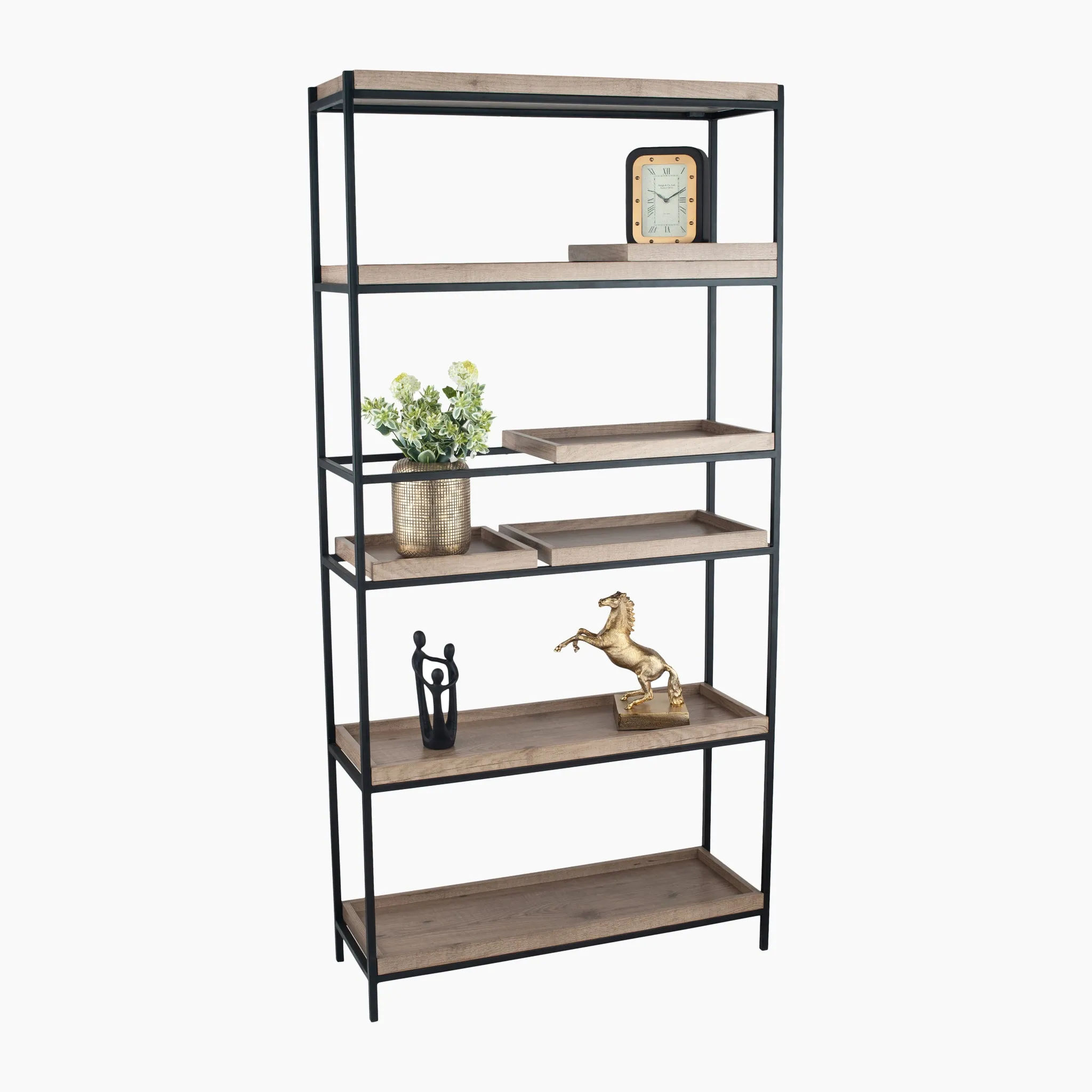 Gallery Natural Wood Veneer and Black Metal 5 Shelf Unit