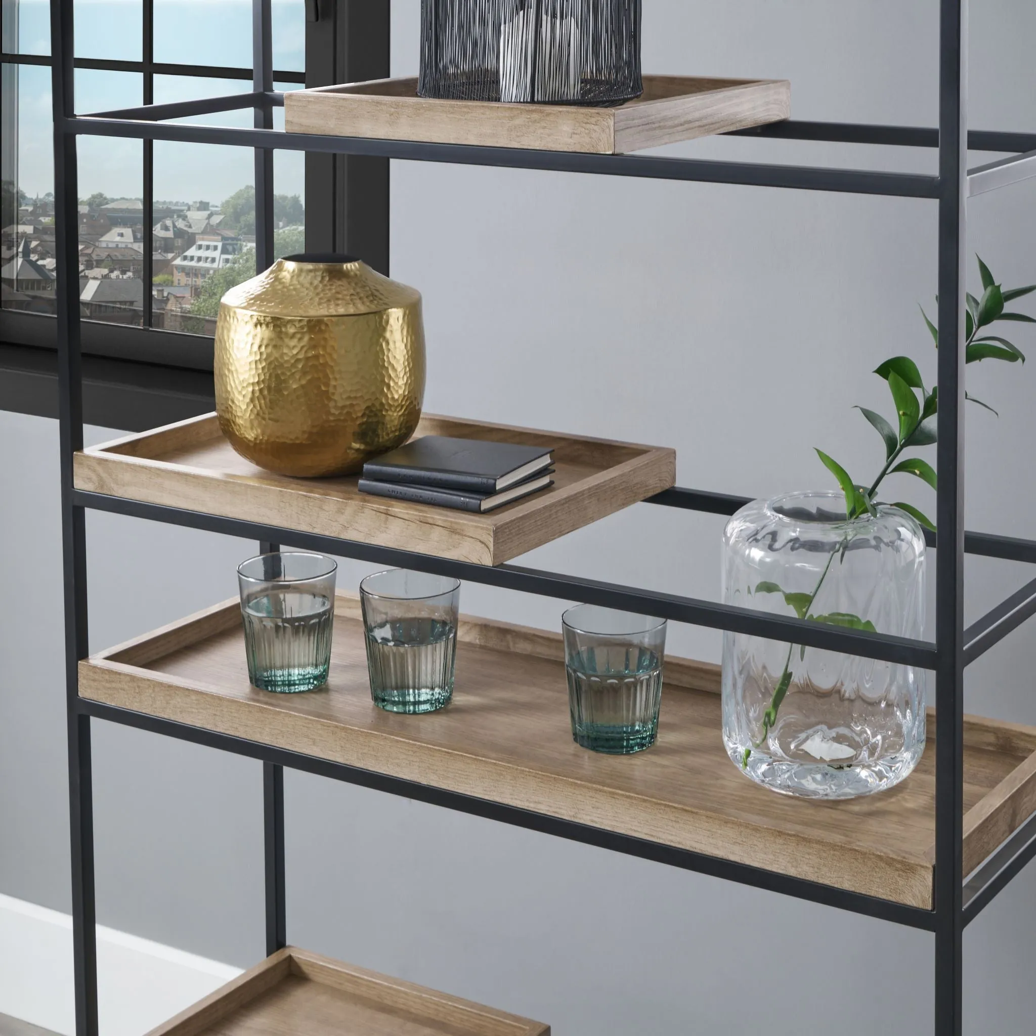 Gallery Natural Wood Veneer and Black Metal 5 Shelf Unit