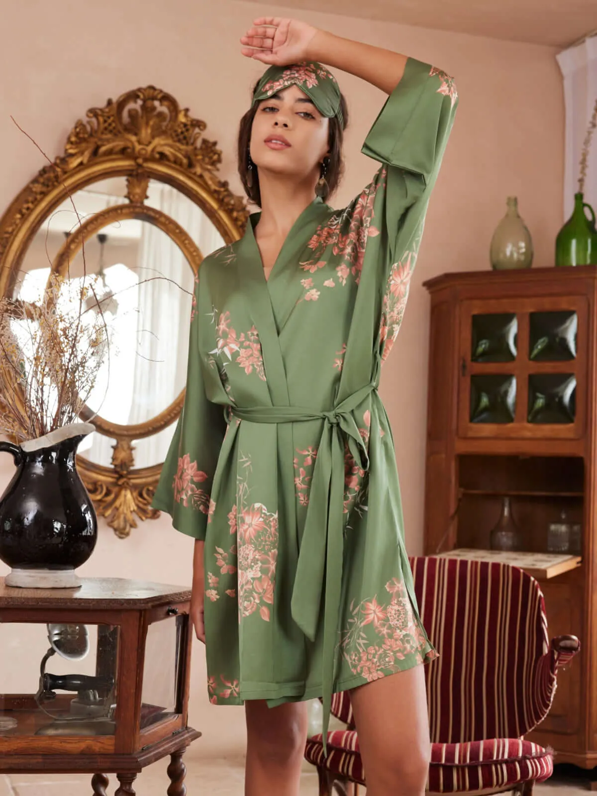 Green Charmeuse Floral Asian Inspired Sleep Mask