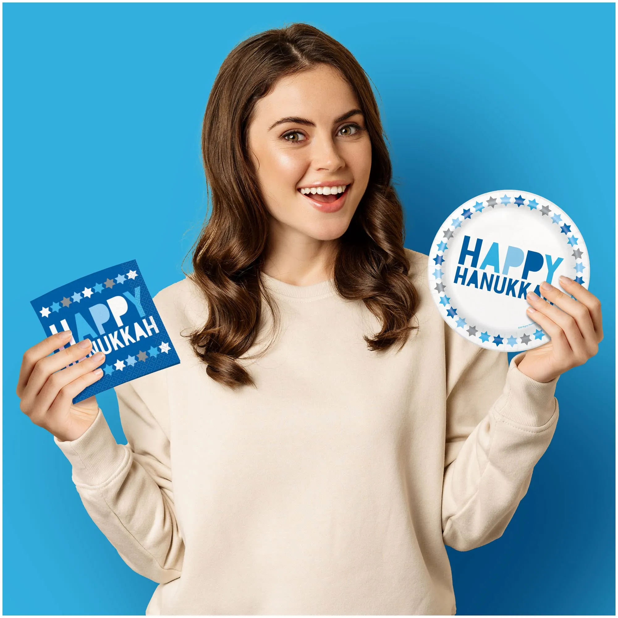 Happy Hanukkah Holiday Party Royal Blue and White Paper Dessert Plates and Beverage Napkins