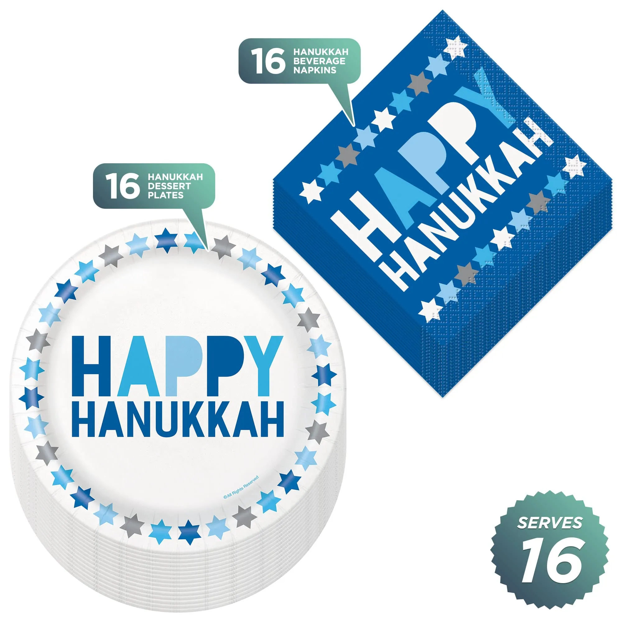 Happy Hanukkah Holiday Party Royal Blue and White Paper Dessert Plates and Beverage Napkins