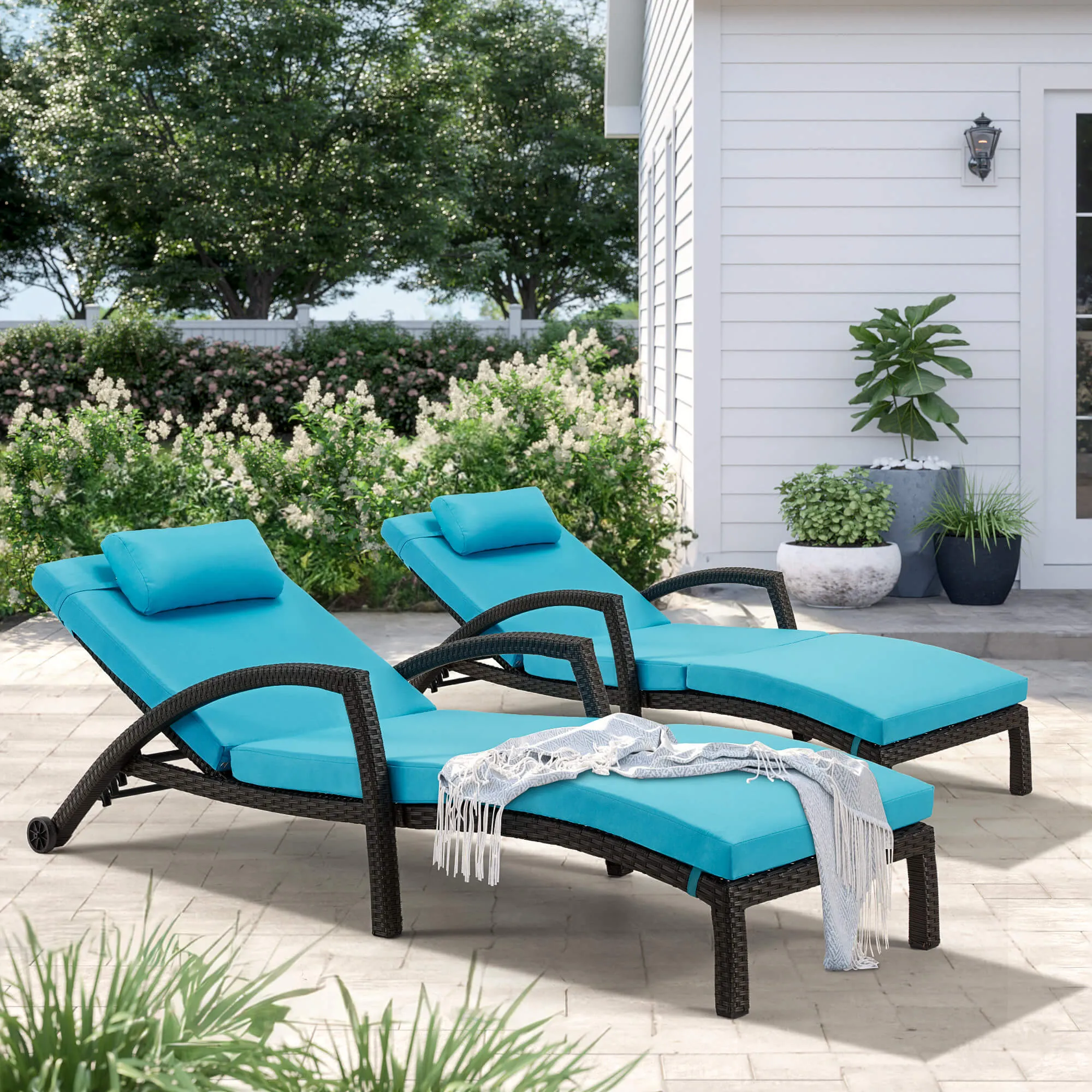 HOMREST Chaise Lounge Chairs Set of 2 for Outside, PE Rattan Wicker Patio Pool Lounge Chair with Arm, Cushion for Poolside Beach