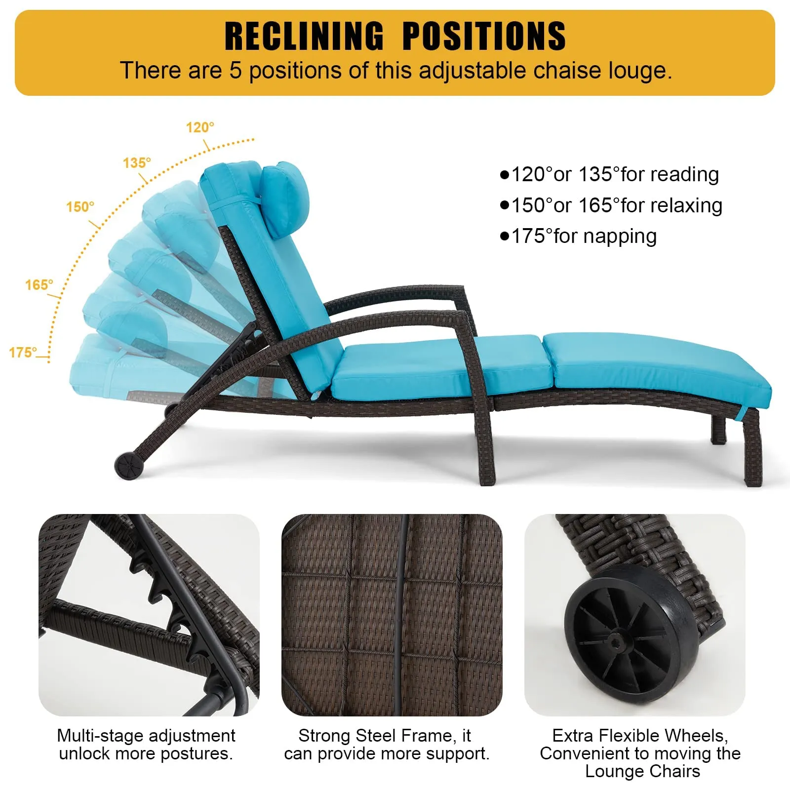 HOMREST Chaise Lounge Chairs Set of 2 for Outside, PE Rattan Wicker Patio Pool Lounge Chair with Arm, Cushion for Poolside Beach
