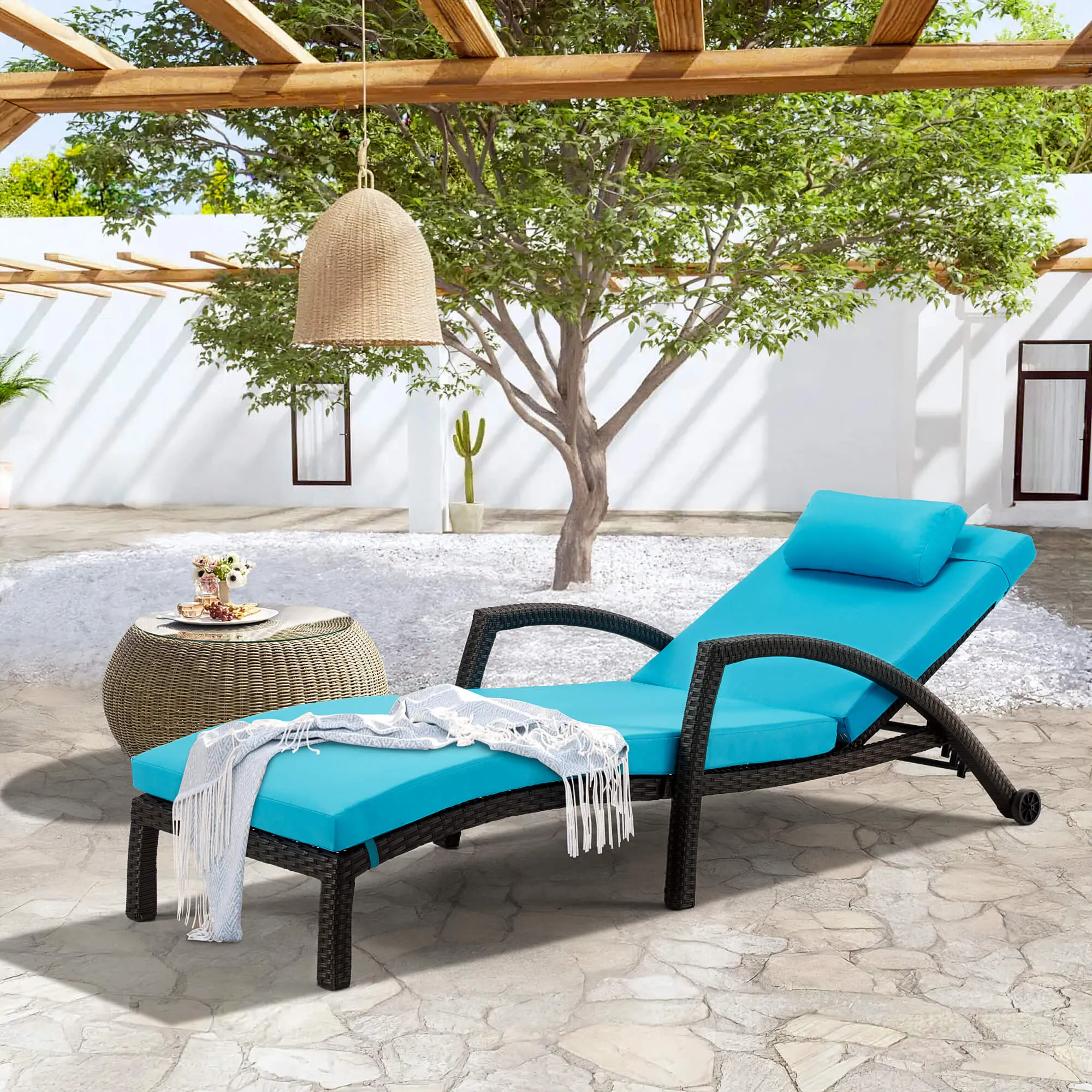 HOMREST Chaise Lounge Chairs Set of 2 for Outside, PE Rattan Wicker Patio Pool Lounge Chair with Arm, Cushion for Poolside Beach
