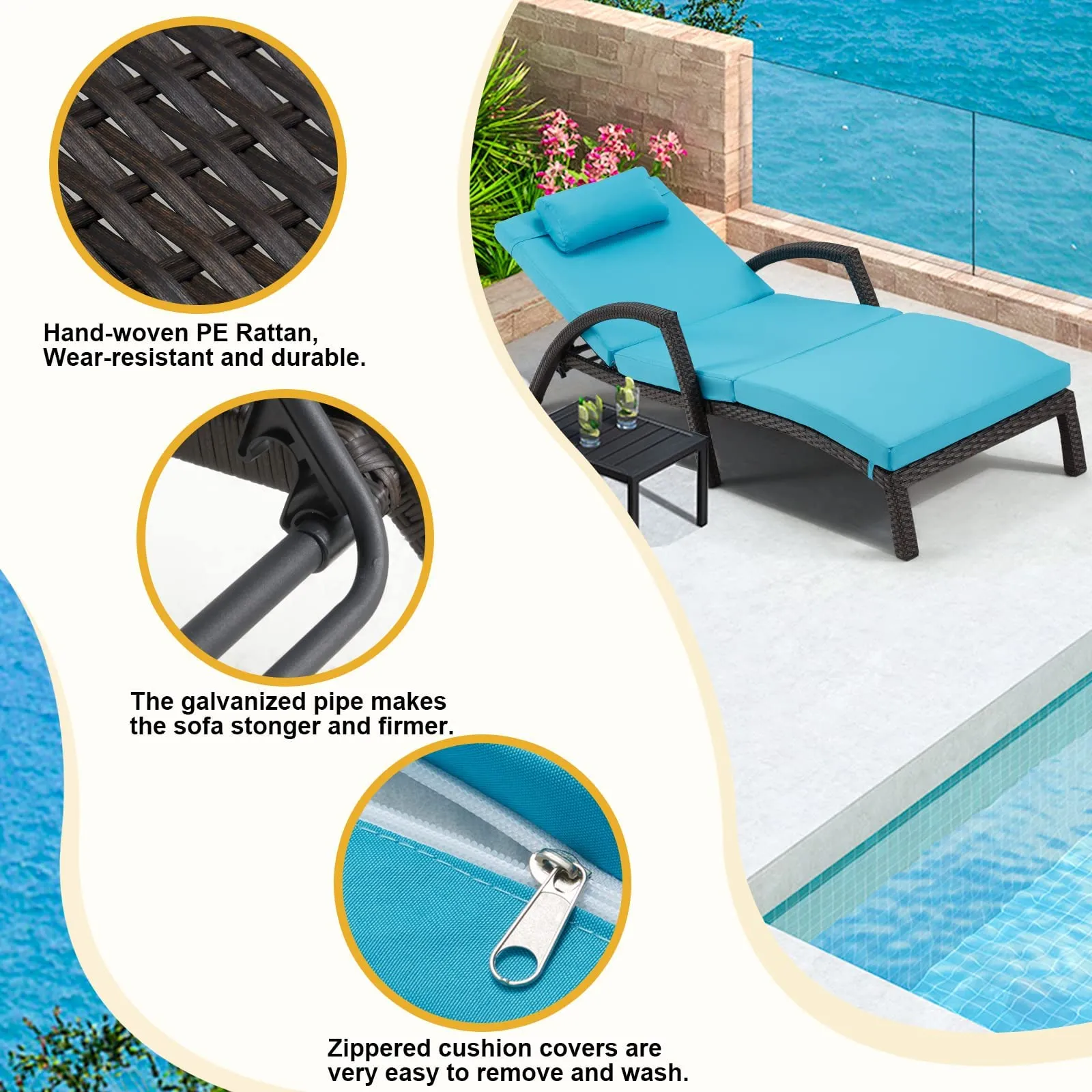 HOMREST Chaise Lounge Chairs Set of 2 for Outside, PE Rattan Wicker Patio Pool Lounge Chair with Arm, Cushion for Poolside Beach