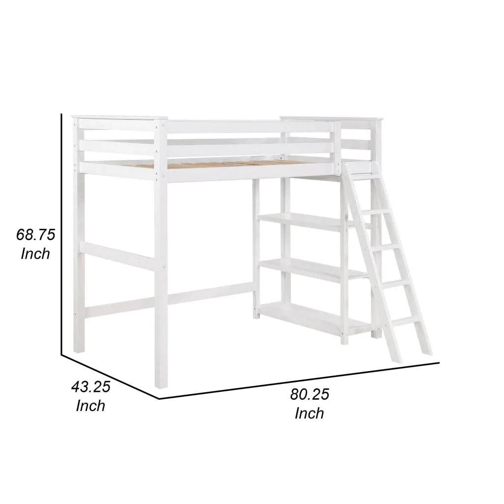 Ica Modern Twin Loft Bed with 3 Shelves and Ladder, White Solid Wood By Casagear Home