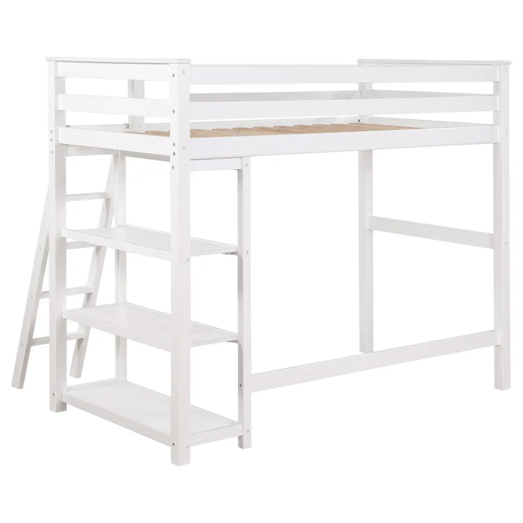Ica Modern Twin Loft Bed with 3 Shelves and Ladder, White Solid Wood By Casagear Home
