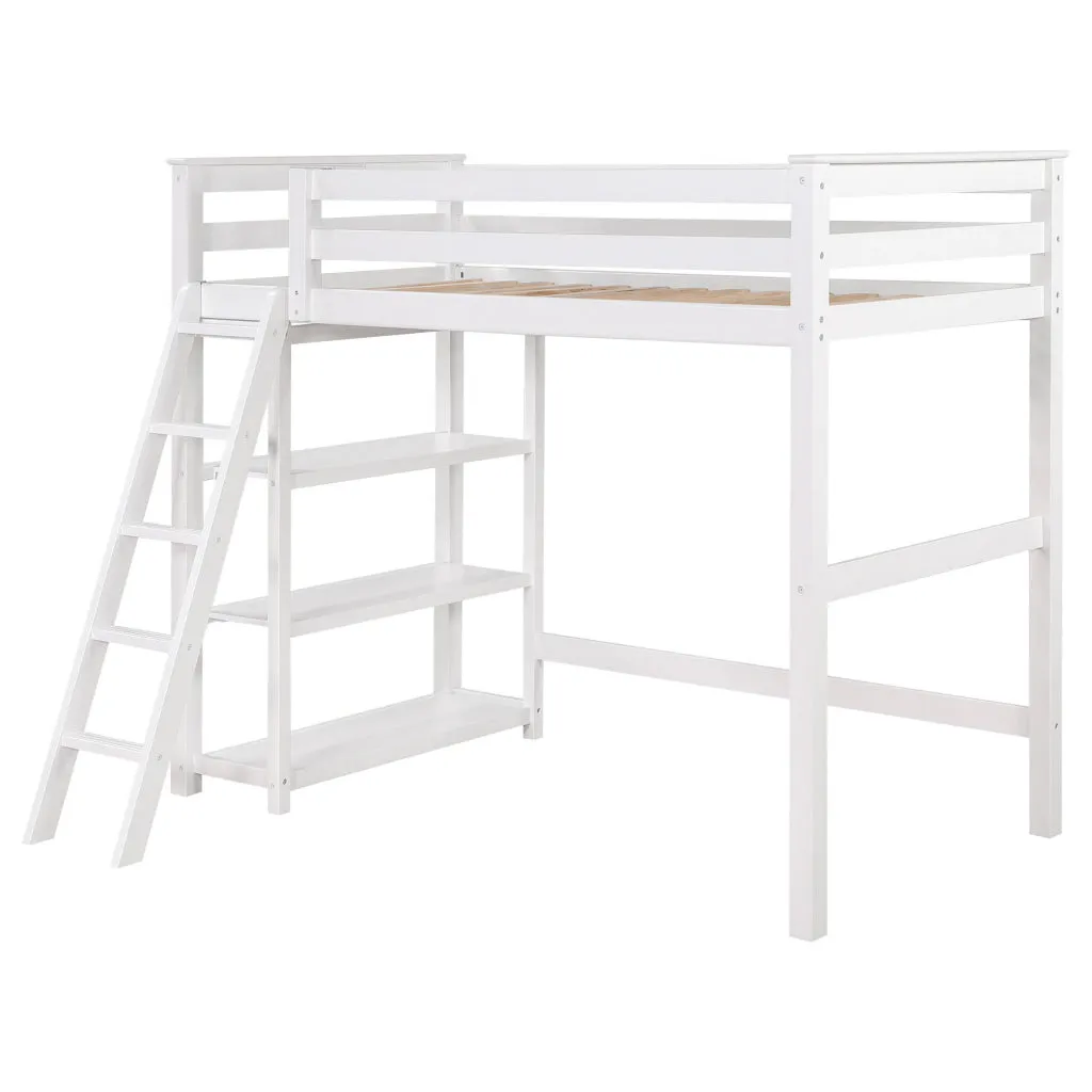 Ica Modern Twin Loft Bed with 3 Shelves and Ladder, White Solid Wood By Casagear Home