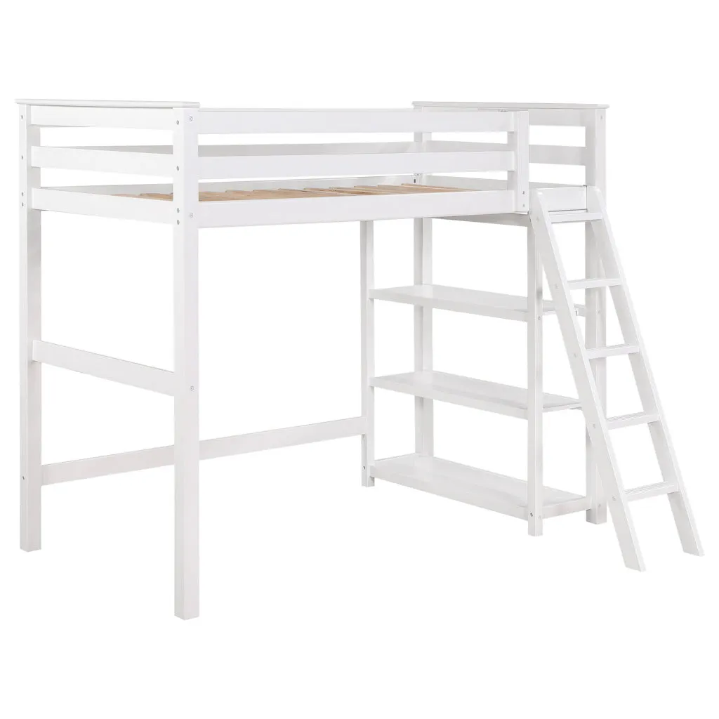 Ica Modern Twin Loft Bed with 3 Shelves and Ladder, White Solid Wood By Casagear Home