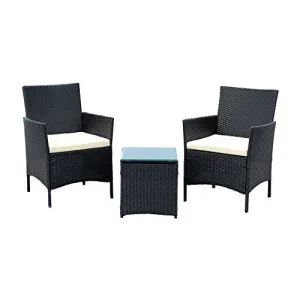 IDS HOME 3-PIECE COMPACT OUTDOOR/INDOOR GARDEN PATIO FURNITURE SET BLACK PE RATTAN WICKER SEAT WHITE CUSHIONS