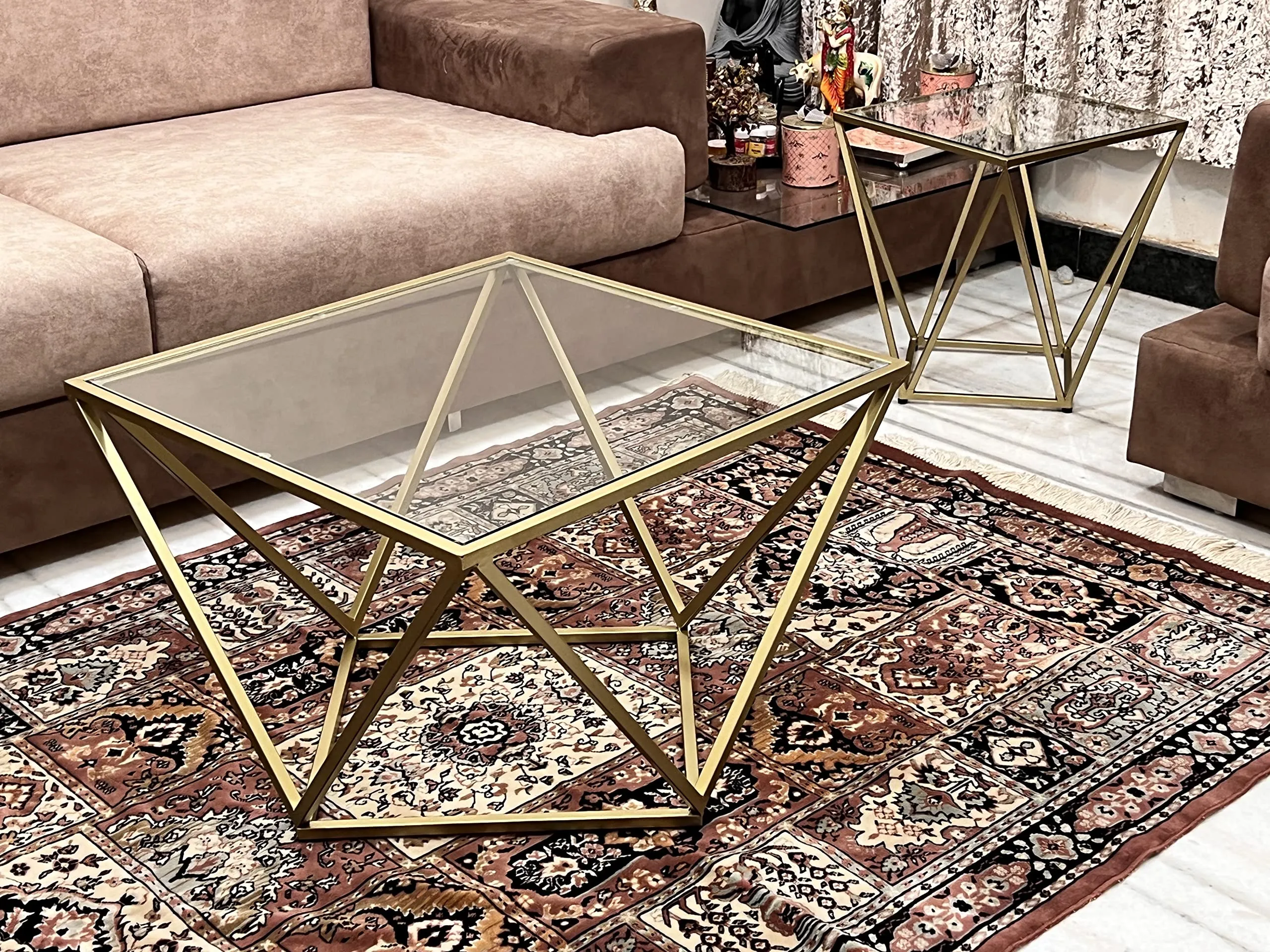 Kraft Bazaar Valerie Gold Coffee Table | Centre Table for living room | Centre table with glass top | (Finish Gold, 8 mm Toughened Glass)