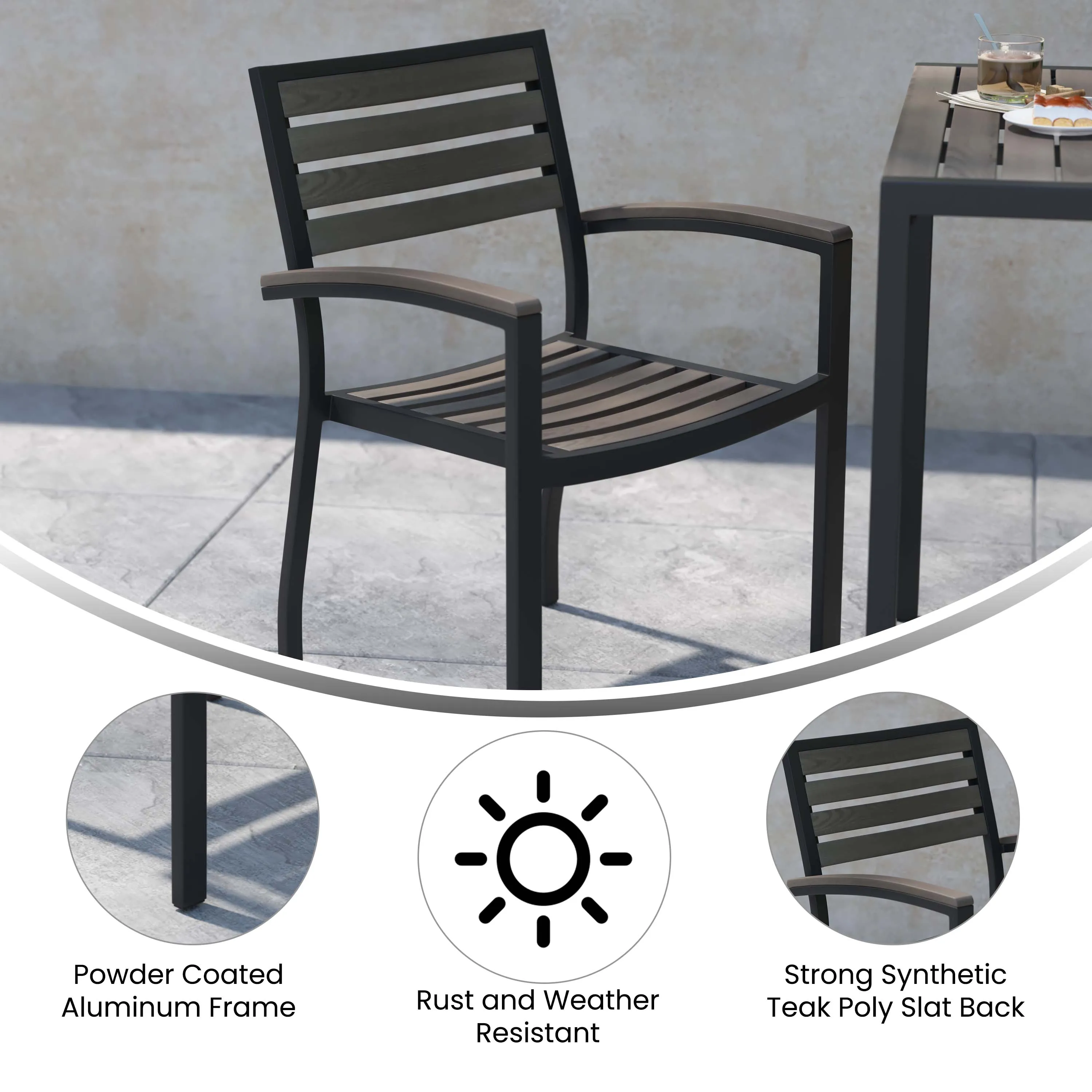 Lark Outdoor Stackable Faux Teak Side Chair - Commercial Grade Aluminum Patio Chair with Synthetic Teak Slats