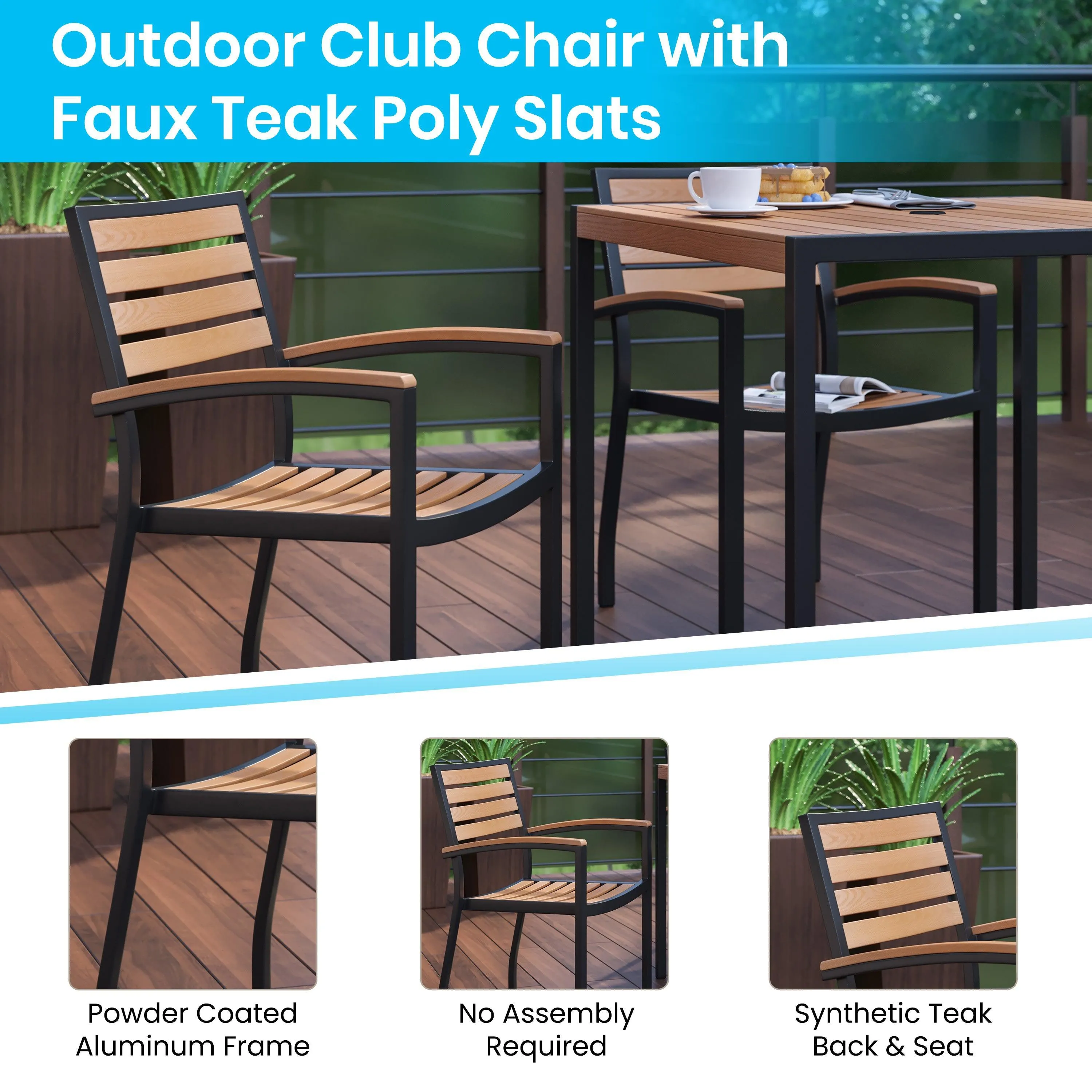 Lark Outdoor Stackable Faux Teak Side Chair - Commercial Grade Aluminum Patio Chair with Synthetic Teak Slats