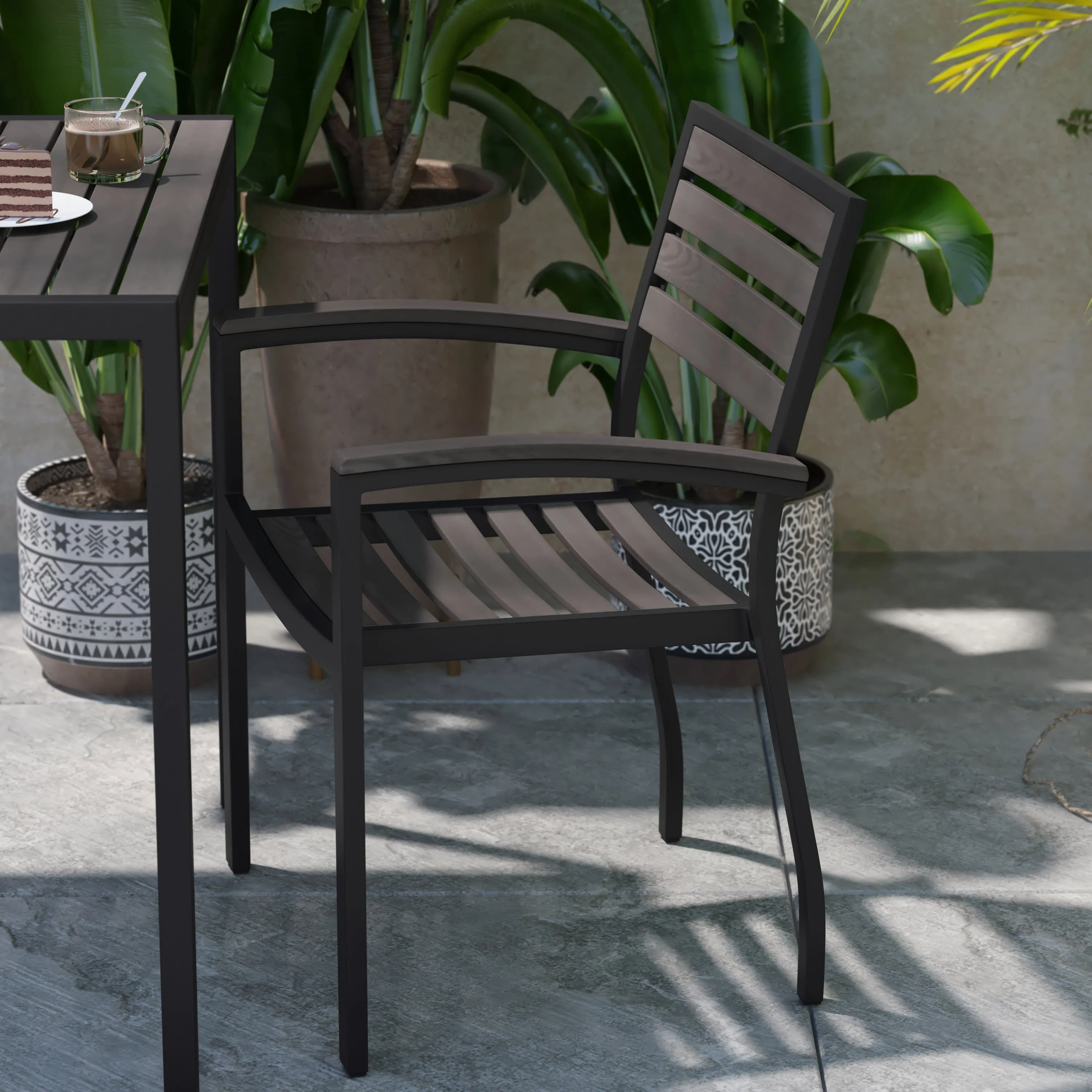 Lark Outdoor Stackable Faux Teak Side Chair - Commercial Grade Aluminum Patio Chair with Synthetic Teak Slats