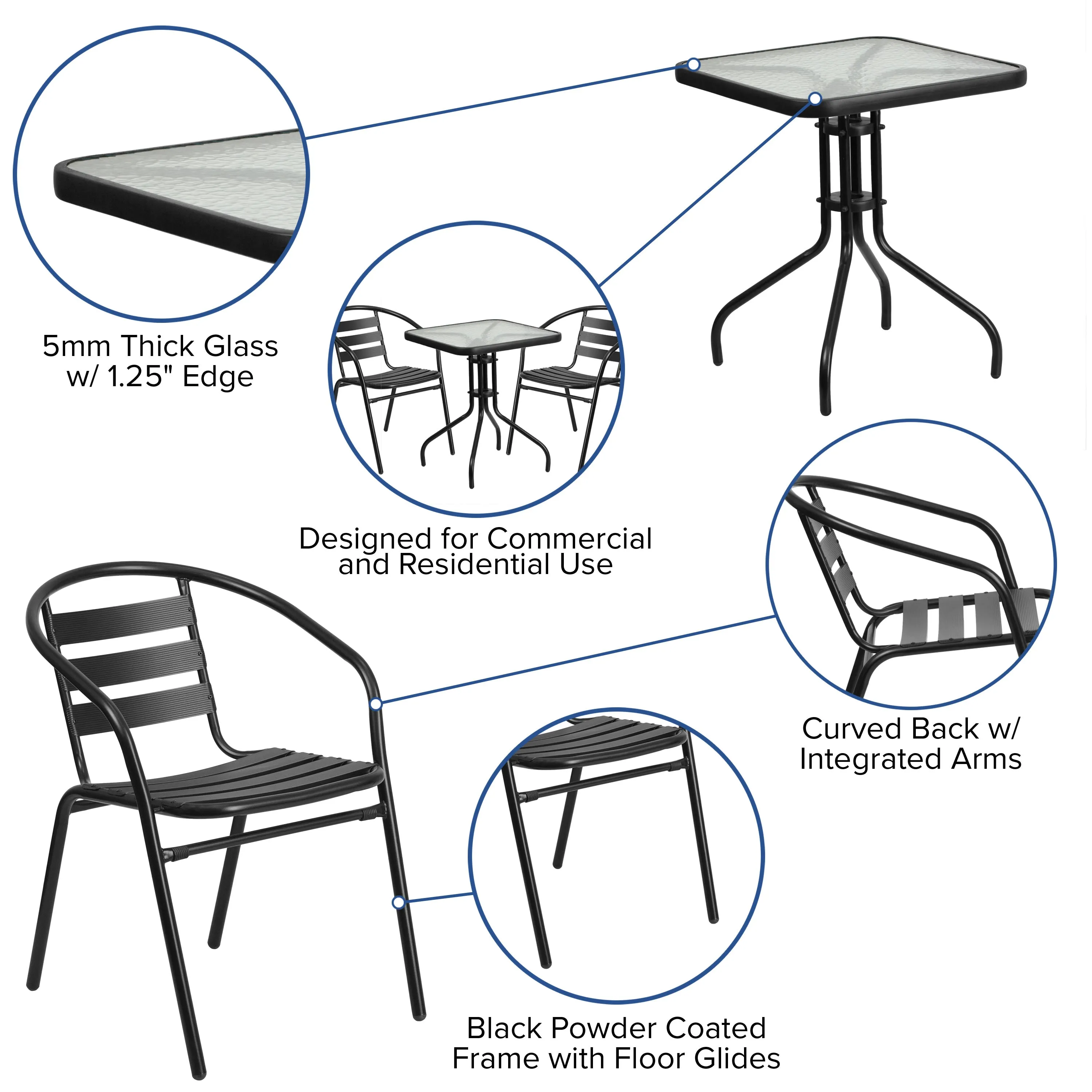 Lila 23.5'' Square Glass Metal Table with 2 Metal Aluminum Slat Stack Chairs