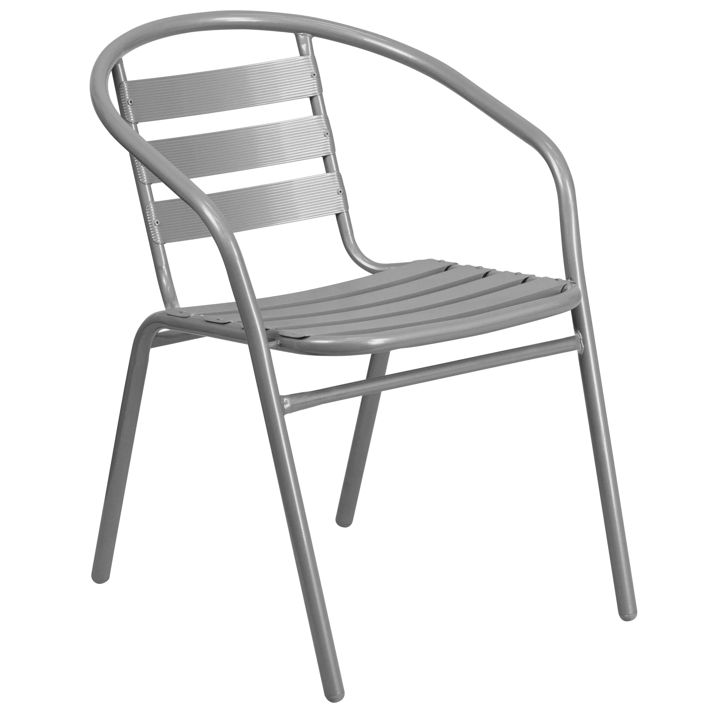 Lila 23.5'' Square Glass Metal Table with 2 Metal Aluminum Slat Stack Chairs