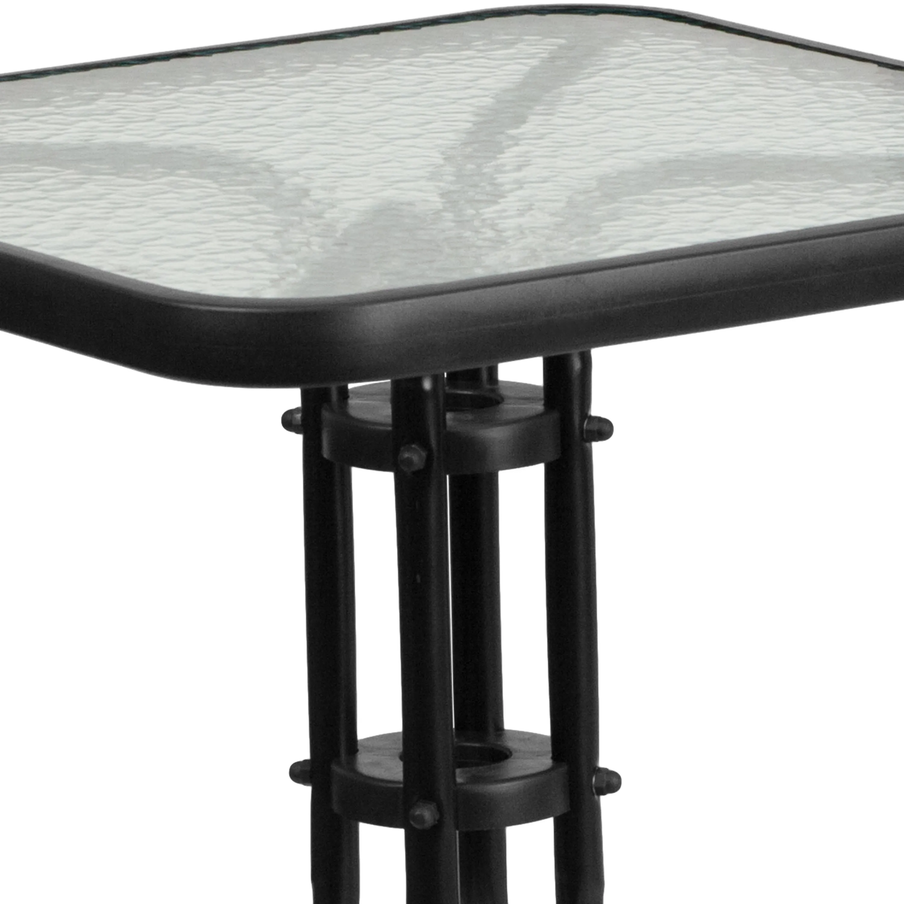 Lila 23.5'' Square Glass Metal Table with 2 Metal Aluminum Slat Stack Chairs