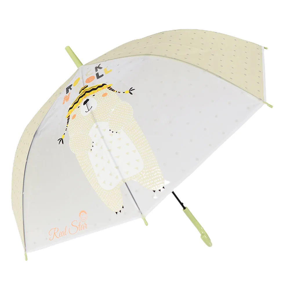 Little Surprise Box, Olive Green, Translucent Rock And Roll Kelly Jo Teddy Print With Polka Dots,Rain And All-Season UmbrellaFor Kids & Adults.