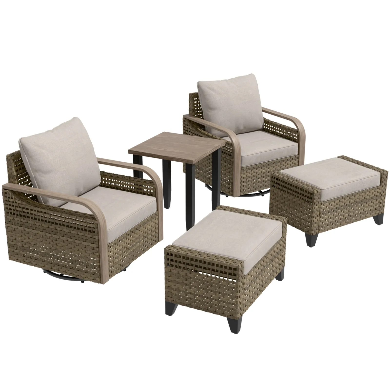 Modern Wicker 5 Piece Furniture Set w/ Swivel Rocking Chairs, Brown/Gray