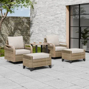 Modern Wicker 5 Piece Furniture Set w/ Swivel Rocking Chairs, Brown/Gray