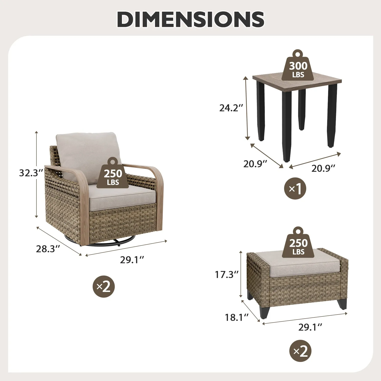 Modern Wicker 5 Piece Furniture Set w/ Swivel Rocking Chairs, Brown/Gray