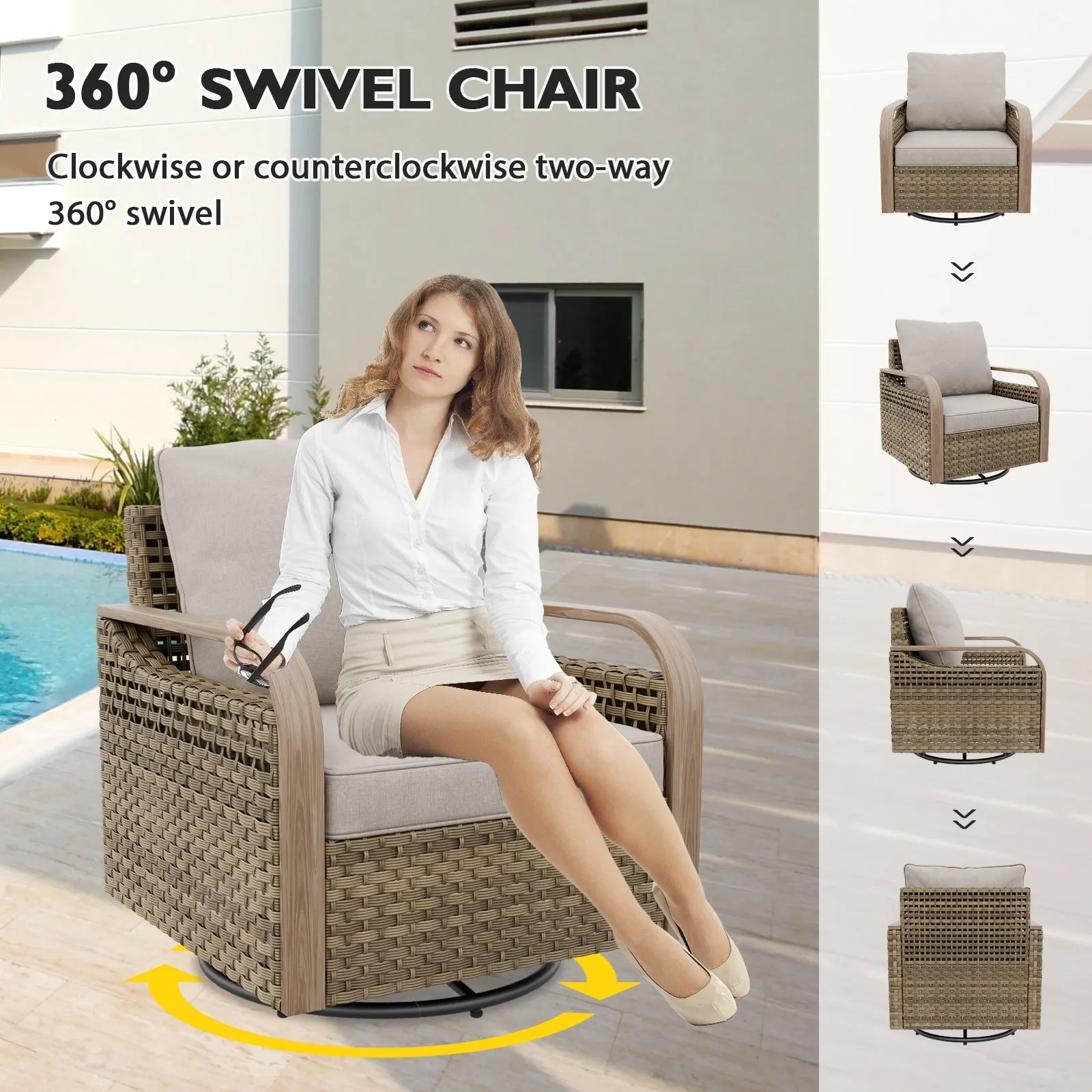 Modern Wicker 5 Piece Furniture Set w/ Swivel Rocking Chairs, Brown/Gray