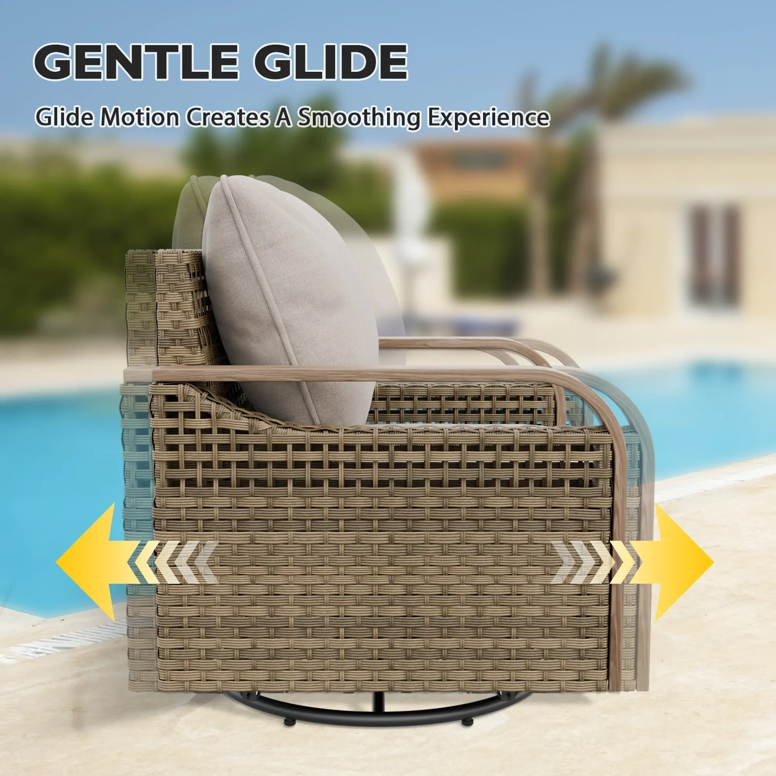 Modern Wicker 5 Piece Furniture Set w/ Swivel Rocking Chairs, Brown/Gray