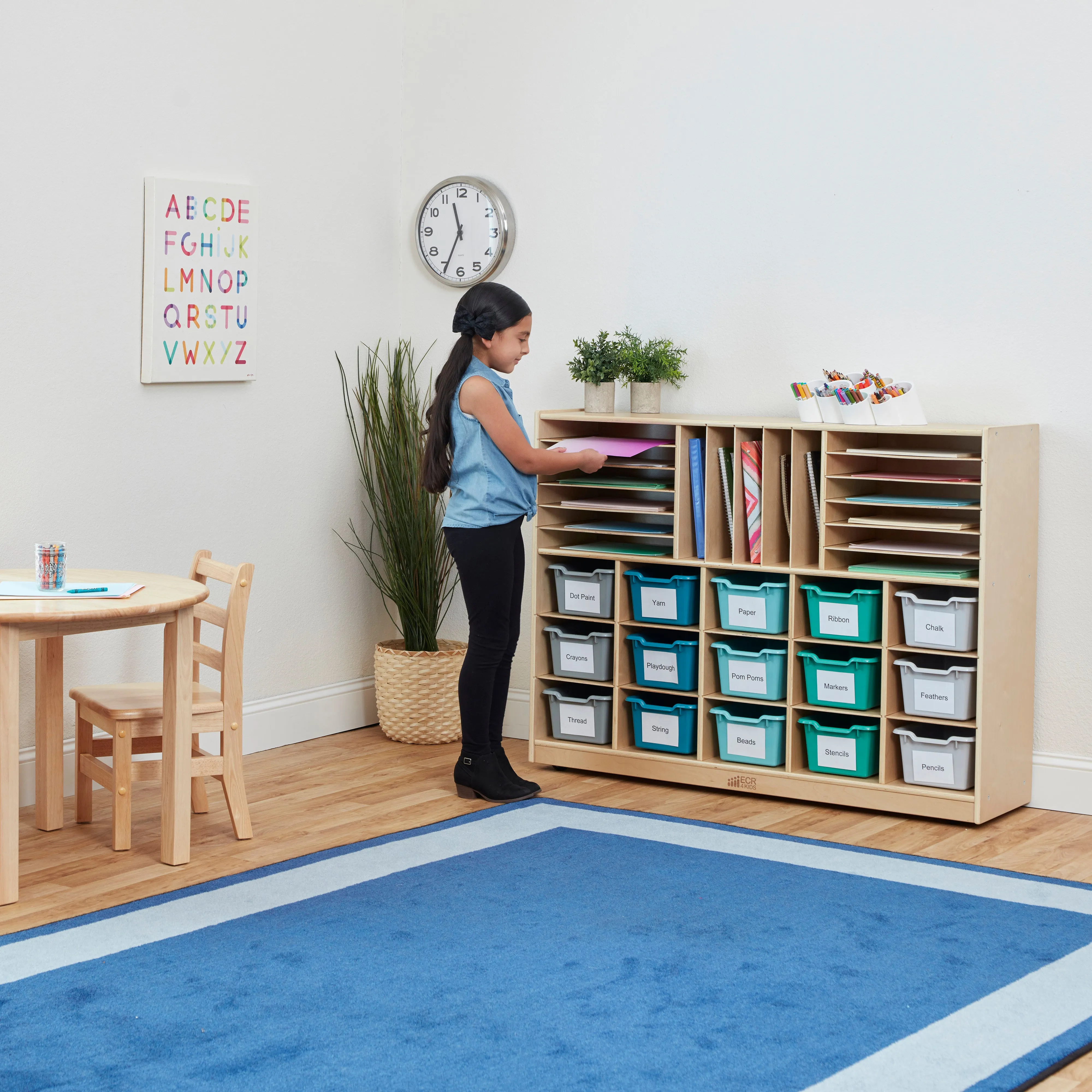 Multi-Section Mobile Cabinet with 15 Scoop Front Storage Bins