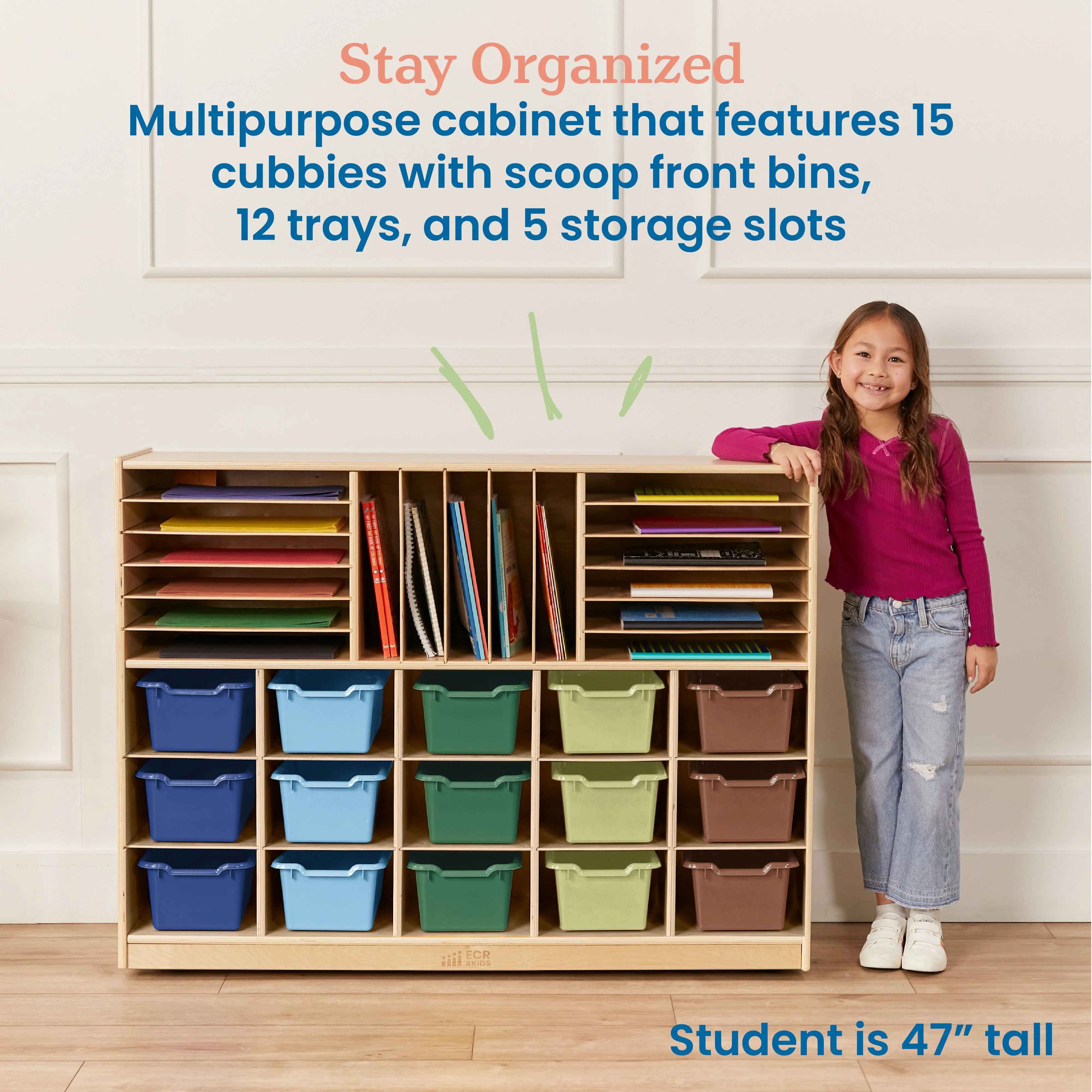 Multi-Section Mobile Cabinet with 15 Scoop Front Storage Bins