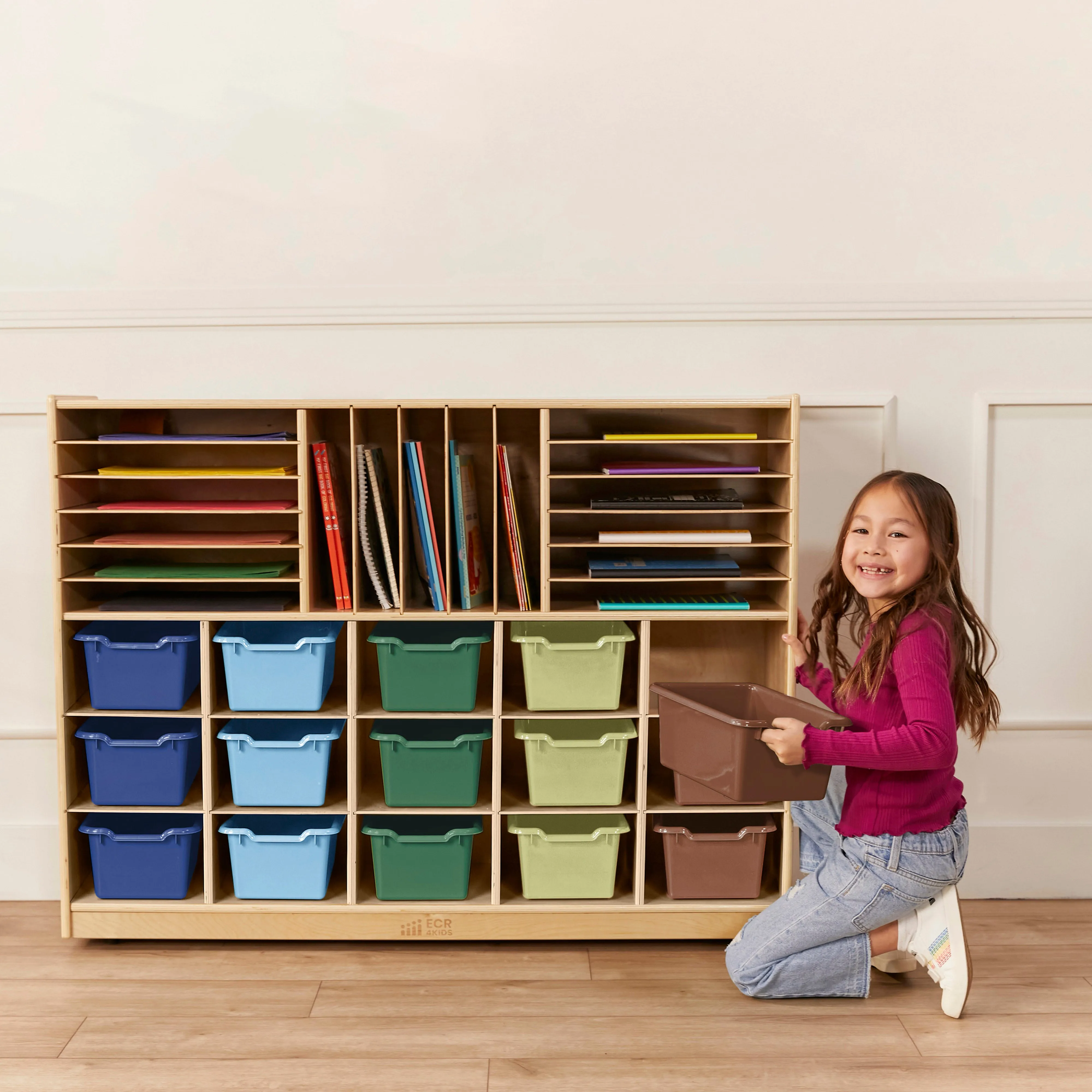 Multi-Section Mobile Cabinet with 15 Scoop Front Storage Bins