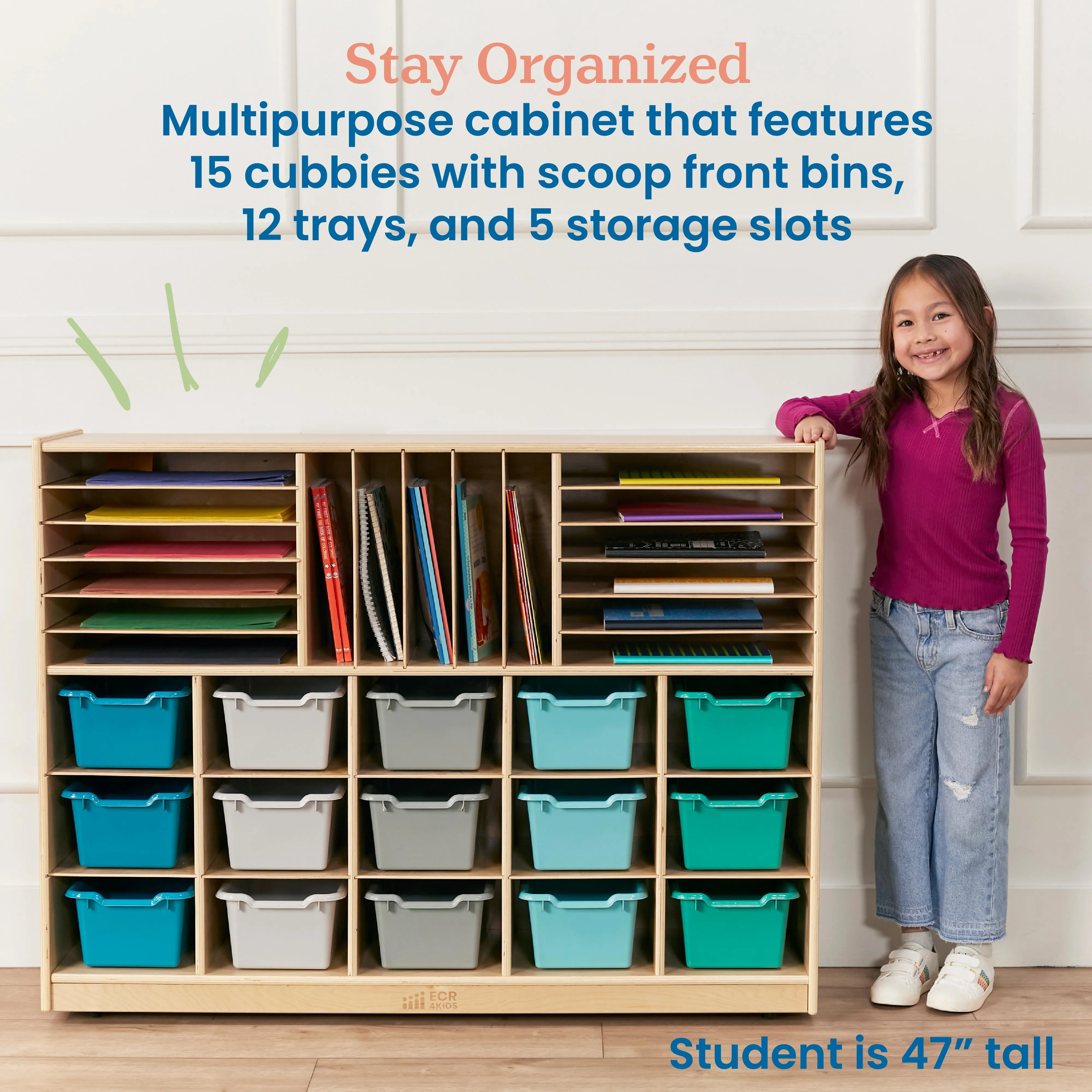Multi-Section Mobile Cabinet with 15 Scoop Front Storage Bins