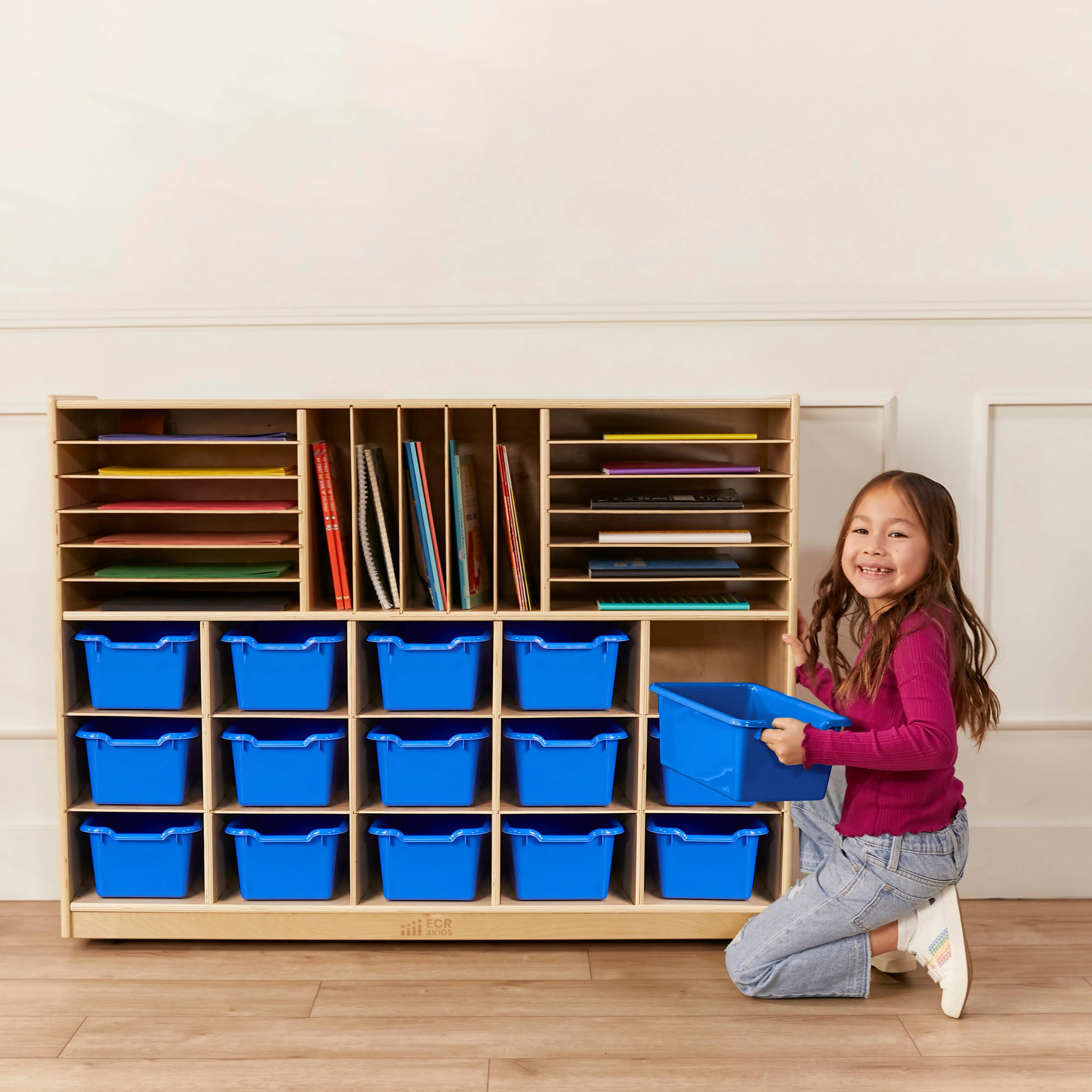 Multi-Section Mobile Cabinet with 15 Scoop Front Storage Bins
