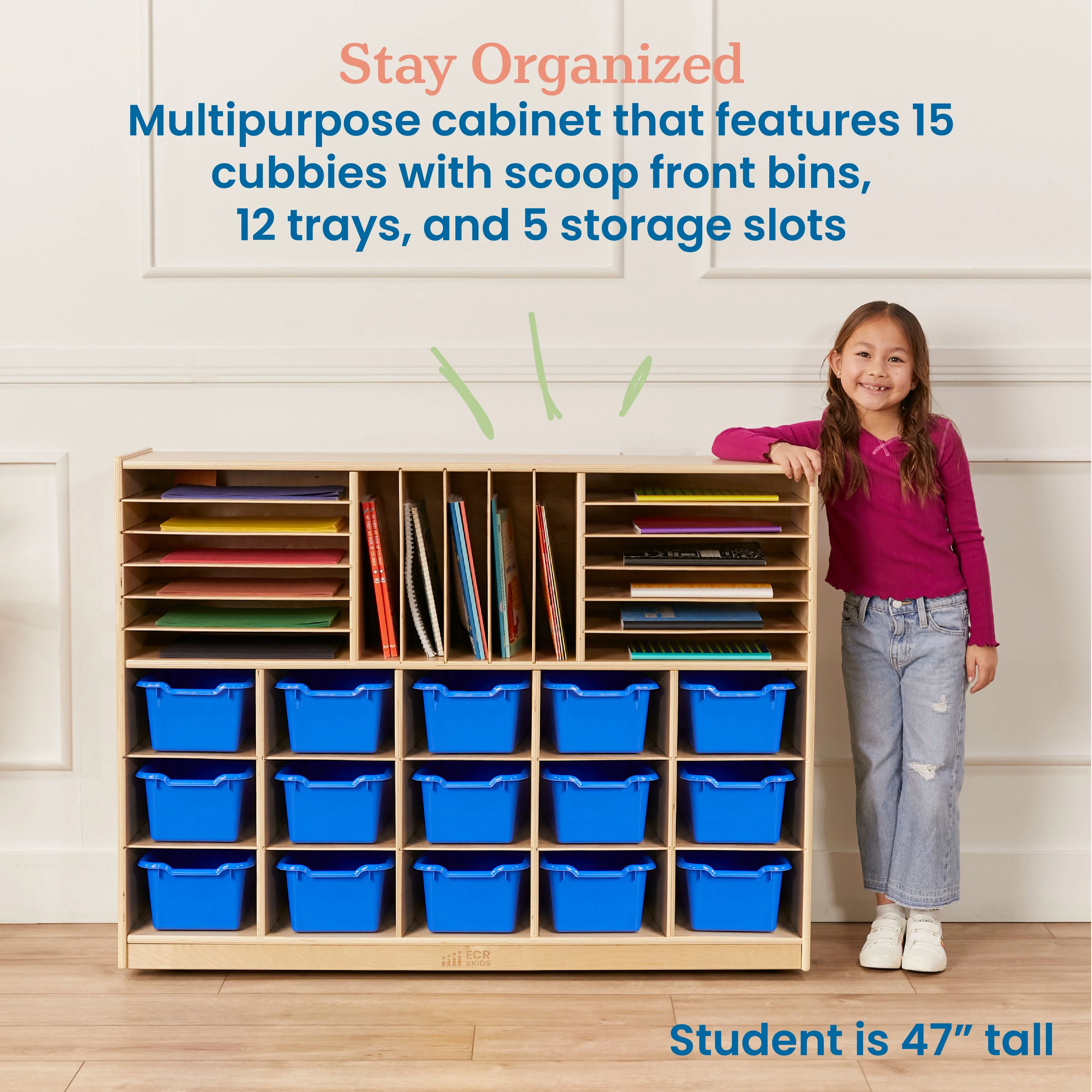 Multi-Section Mobile Cabinet with 15 Scoop Front Storage Bins