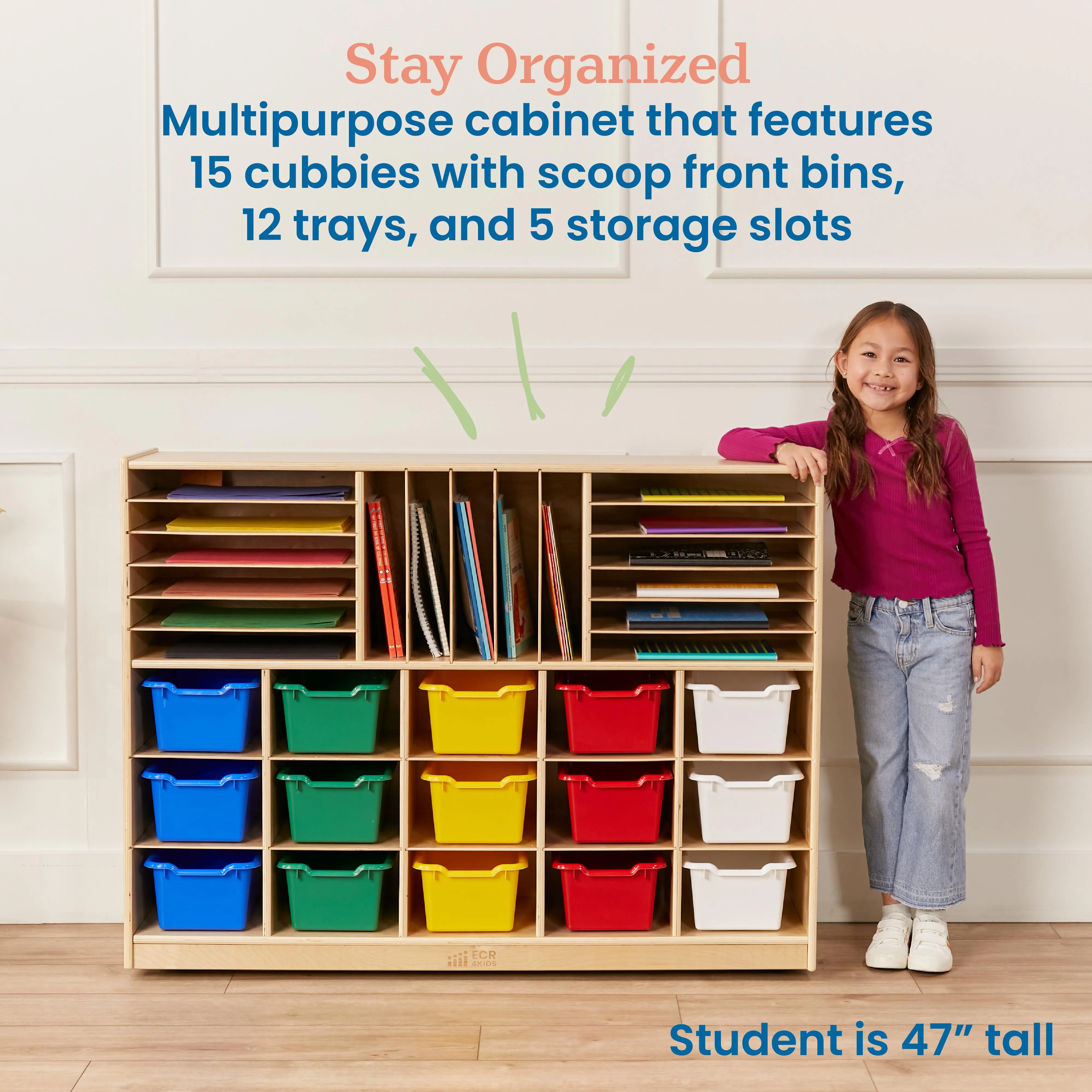 Multi-Section Mobile Cabinet with 15 Scoop Front Storage Bins