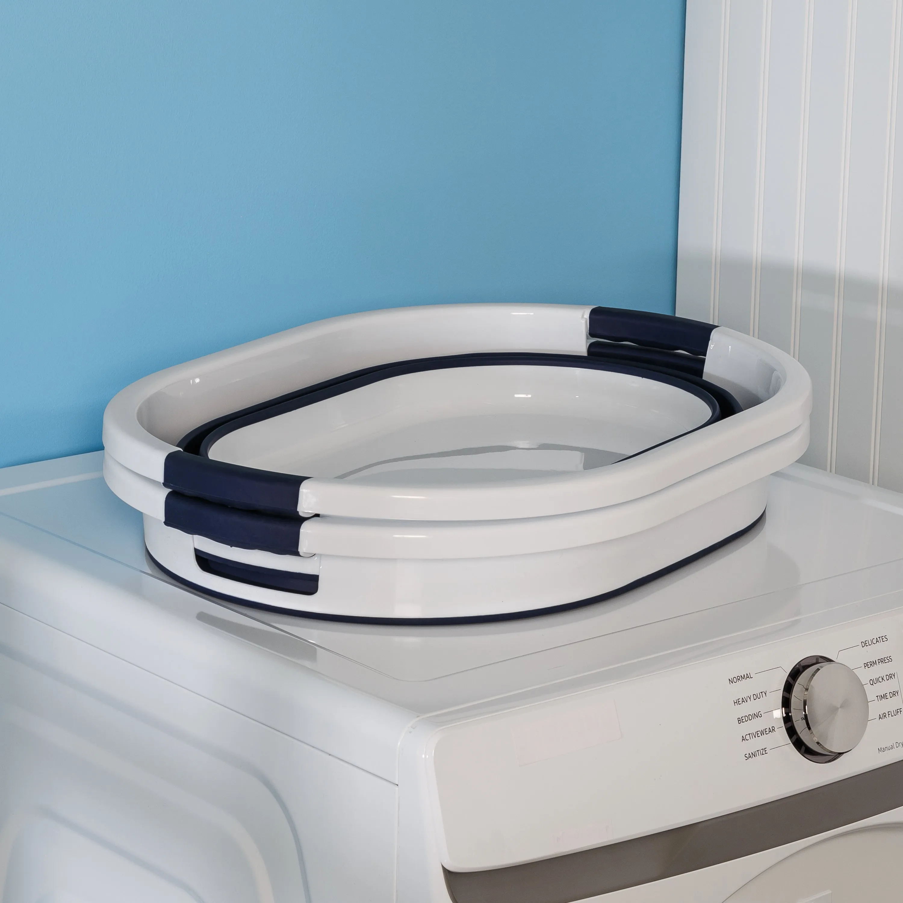 Navy Blue/White Collapsible Rubber Laundry Baskets (Set of 2)