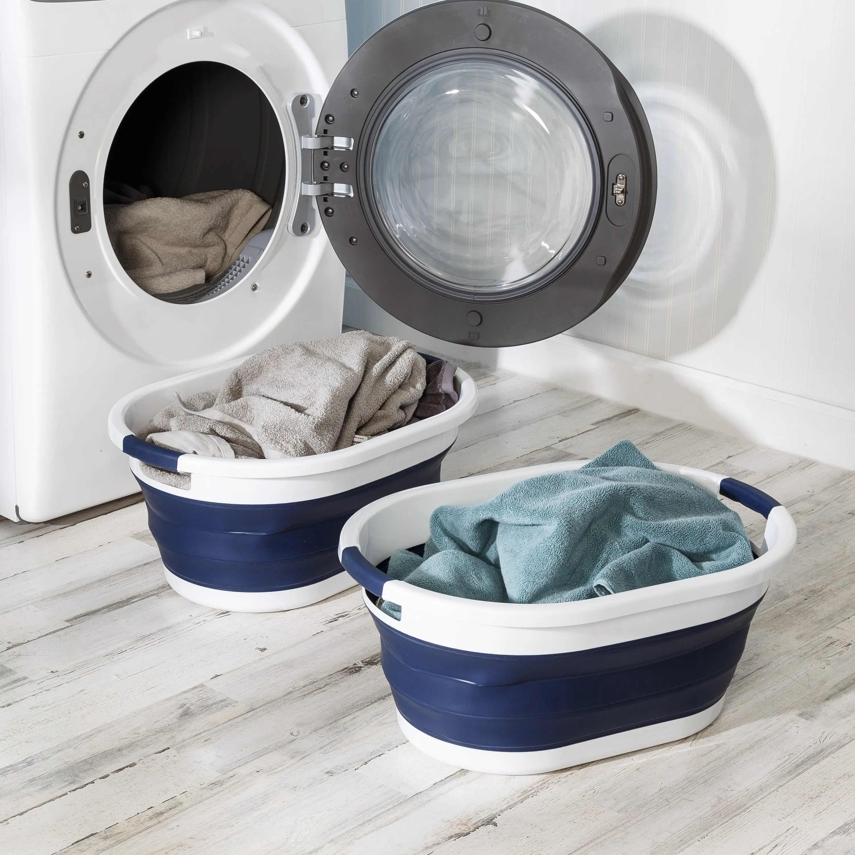 Navy Blue/White Collapsible Rubber Laundry Baskets (Set of 2)
