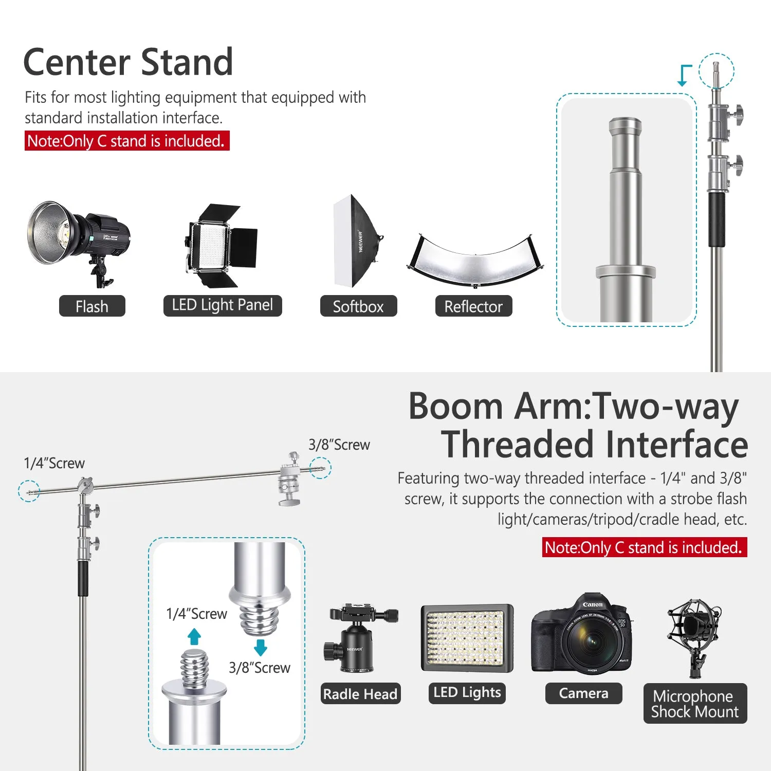 NEEWER 305cm Stainless Steel C-Stand Light Stand