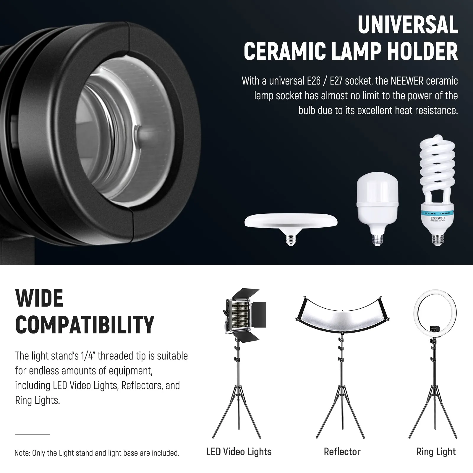 NEEWER E26 E27 AC Ceramic Socket Lamp Holder with Light Stand Mount