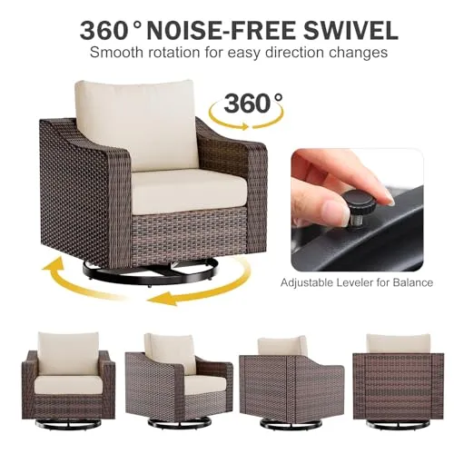 Outdoor Swivel Patio Chairs with Table Set, 360° Rotating 3 Pieces Brown Rattan Sofa Furniture Conversation Set for Garden Porch Balcony Deck (Brown Rattan, Beige Cushion)