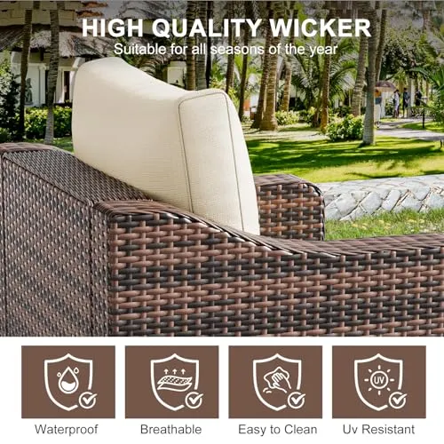 Outdoor Swivel Patio Chairs with Table Set, 360° Rotating 3 Pieces Brown Rattan Sofa Furniture Conversation Set for Garden Porch Balcony Deck (Brown Rattan, Beige Cushion)