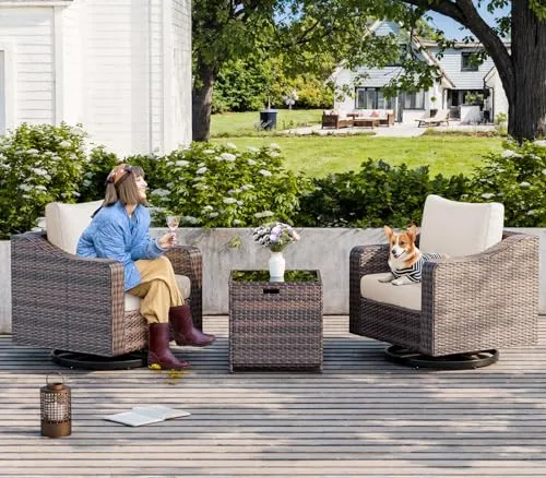 Outdoor Swivel Patio Chairs with Table Set, 360° Rotating 3 Pieces Brown Rattan Sofa Furniture Conversation Set for Garden Porch Balcony Deck (Brown Rattan, Beige Cushion)