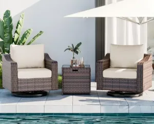 Outdoor Swivel Patio Chairs with Table Set, 360° Rotating 3 Pieces Brown Rattan Sofa Furniture Conversation Set for Garden Porch Balcony Deck (Brown Rattan, Beige Cushion)