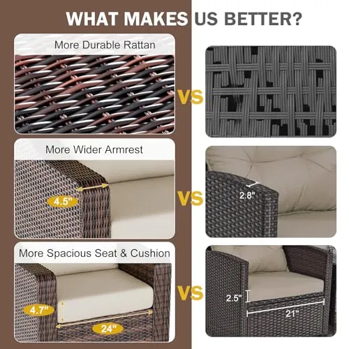 Outdoor Swivel Patio Chairs with Table Set, 360° Rotating 3 Pieces Brown Rattan Sofa Furniture Conversation Set for Garden Porch Balcony Deck (Brown Rattan, Beige Cushion)