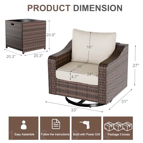 Outdoor Swivel Patio Chairs with Table Set, 360° Rotating 3 Pieces Brown Rattan Sofa Furniture Conversation Set for Garden Porch Balcony Deck (Brown Rattan, Beige Cushion)
