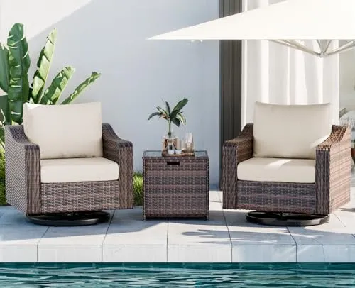 Outdoor Swivel Patio Chairs with Table Set, 360° Rotating 3 Pieces Brown Rattan Sofa Furniture Conversation Set for Garden Porch Balcony Deck (Brown Rattan, Beige Cushion)